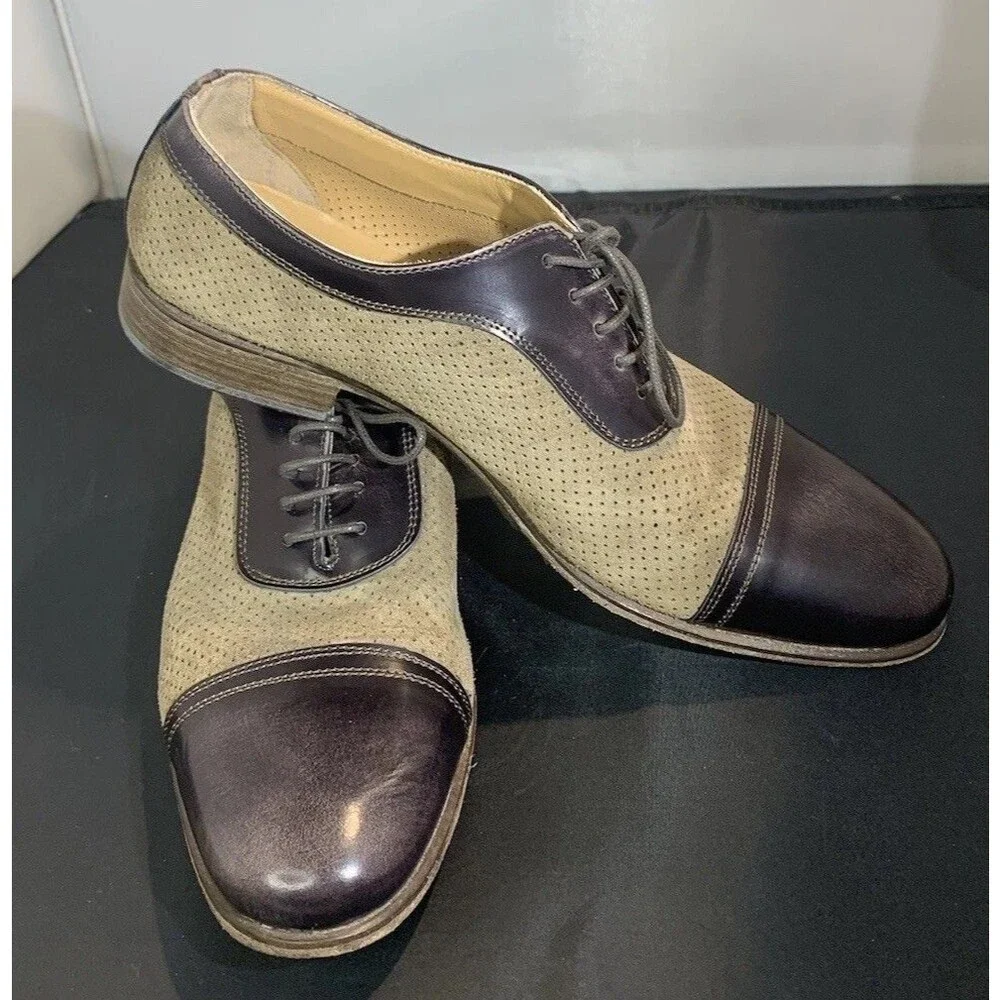 ProjectOne Brown Leather & Tan Perforated Suede Handmade Shoes Size 43 Italy